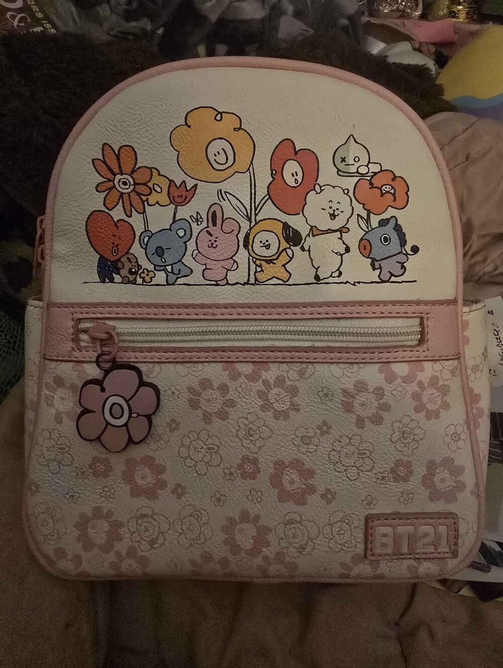BT21 BTS LINE FRIENDS Characters Pink and White Flowery Back Pack Bag